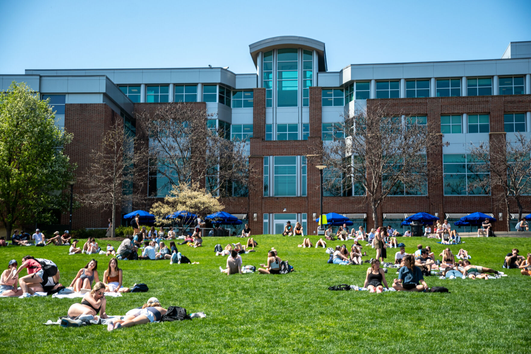 Students sit on HUB Lawn